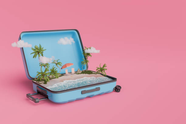 istock Tropical Beach Vacation Concept in an Open Suitcase 2150802232