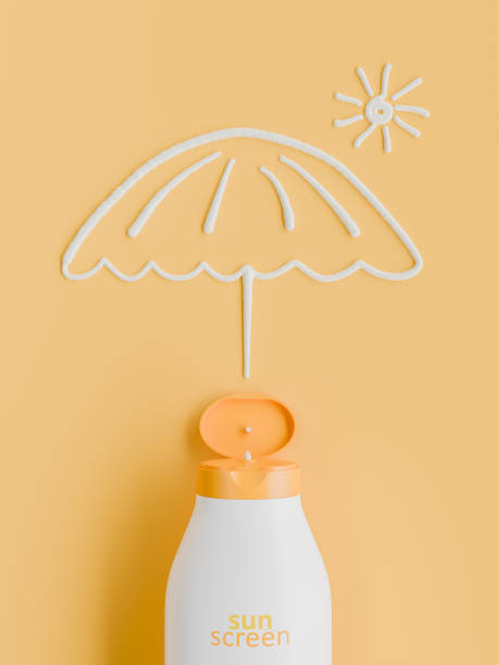 istock Creative Sunscreen Bottle with Drawn Umbrella and Sun on Yellow Background 2150802274