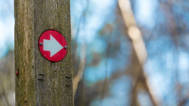 istock Red arrows way marker sign on a trail 2150803305