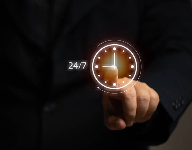 istock Businessman pointing at virtual screen 24x7 service. The service support quality for customer. For technical product assistance help. 2150804364