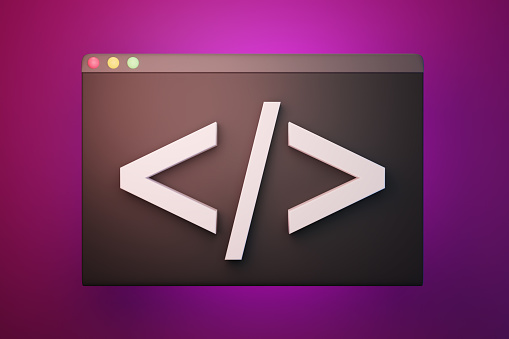 3D white html tag on a computer window dialog on gradient purple background. Illustration of the concept of coding, software development and web design
