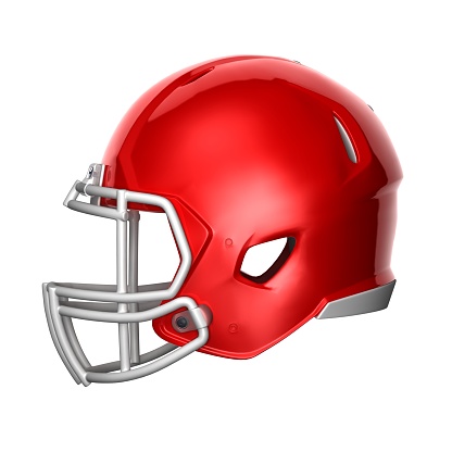 A white American football helmet on a reflective surface against a white background.