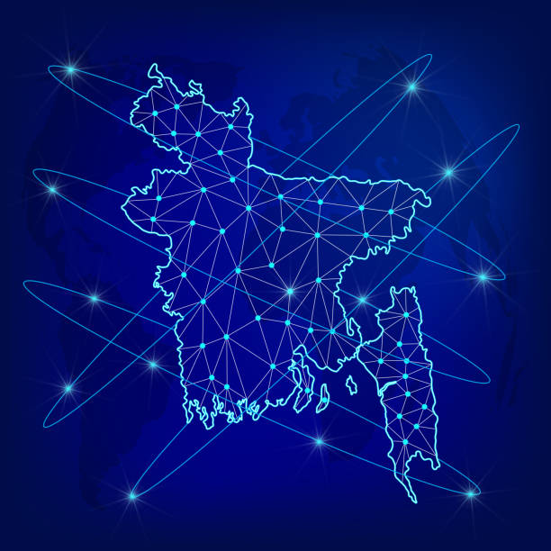 istock Global logistics network concept. Communications network map Bangladesh on the world background. Map of Bangladesh with nodes in polygonal style. EPS10. 2150806063