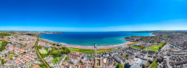 Drone view of Paignton pier and sandy beach Torbay Devon England