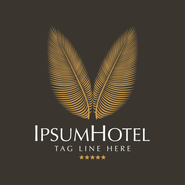 ilustraciones, imágenes clip art, dibujos animados e iconos de stock de plantilla de símbolo de marca de vacaciones de hotel de vacaciones doradas de palmera - lugar turístico