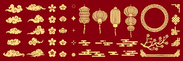 Set of Chinese new year hand drawn texture elements. Traditional decorative jewelry collection in Chinese and Japanese style for card, print, flyers, posters, merch, covers. Vector illustration.