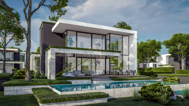 istock 3d rendering of flat roof house with concrete facade 2150814272