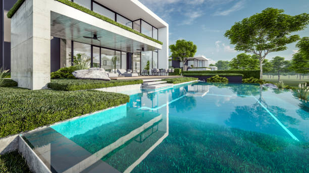 istock 3d rendering of flat roof house with concrete facade 2150814294