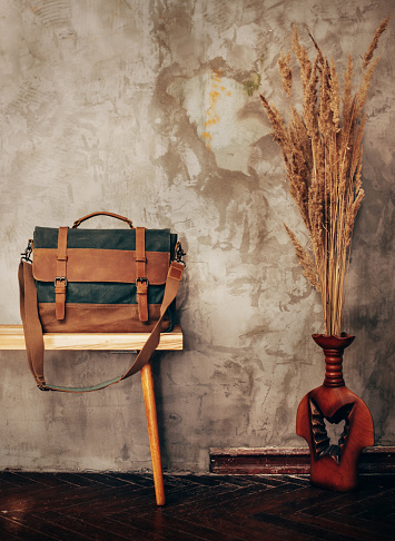 Men's accessories . Brown leather and canvas bag