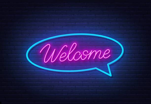 ilustrații de stoc cu bine ați venit text neon pe fundal de perete de cărămidă. - semn de bun venit