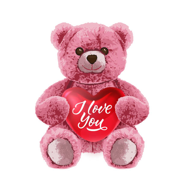 Pink bear toy with red heart. Realistic vector illustration. Fashion print, greeting card or poster design element Pink bear toy holding red heart with I love you message. Realistic vector illustration isolated on white background. Cute teddy character. Fashion print, greeting card or poster design element pink teddy bear stock illustrations