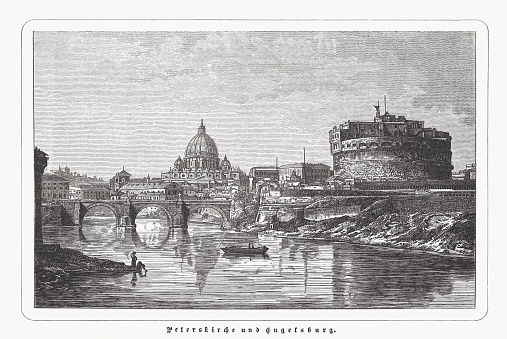 Historical view of the Mausoleum of Hadrian and the Bridge Ponte Sant'Angelo over the Tiber river in Rome, Italy. In the background the Basilica St. Peter, Vatican. Wood engraving, published in 1879.