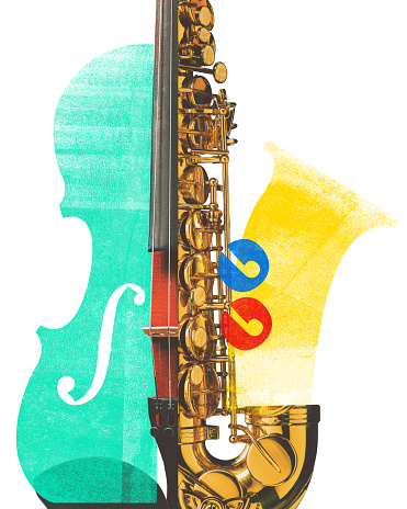 Poster. Contemporary art collage. Sax and violin leaning against each other. Instruments working together to create pleasing sound. Concept of concert and parties, fusion of classic and modern art.