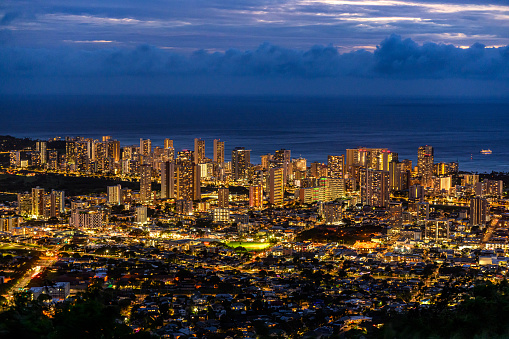 View from the Tantalus Lookout to the skyline of Honolulu night - Oahu, Hawaii