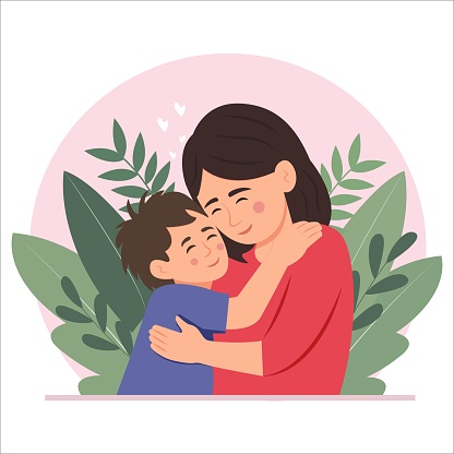 Mother's Day card.Happy  son hugging her  mother with love. Their Faces Aglow With Love, Eyes Closed, Encapsulating Eternal Bond In A Moment Of Serene Affection. Vector Illustration