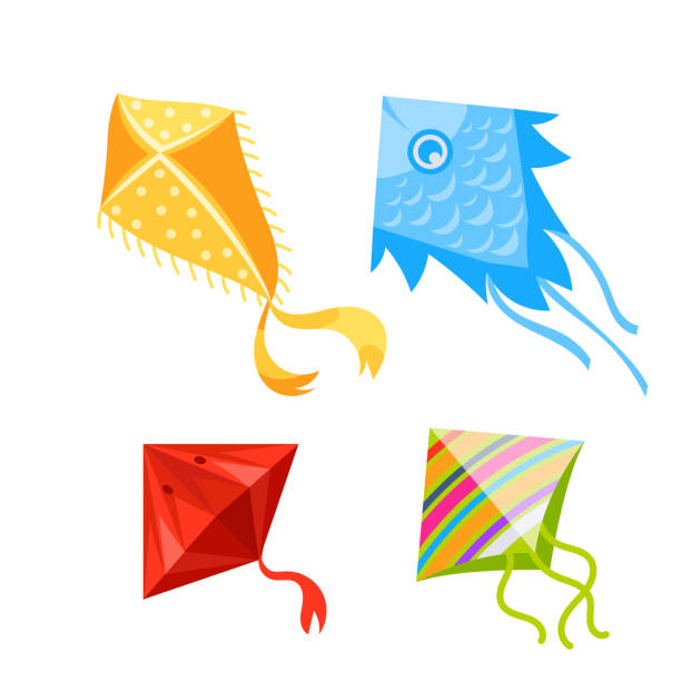 istock Kite in sky. Wind flying toy with ribbon and tail for kids. Cartoon kites 2150826472