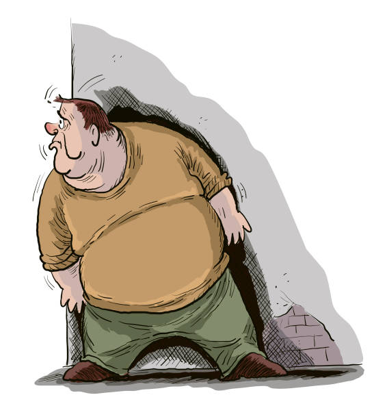 obese fat man Vector obese fat man hiding behind the wall obese people drawing stock illustrations