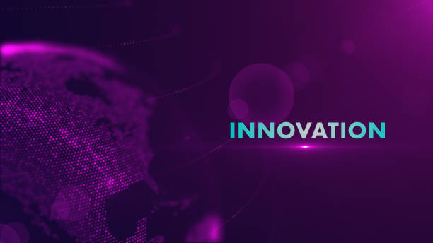 istock Futuristic Innovation Lettering On Purple Blue Shiny Partial View Of Dotted Globe Earth World Map, Positioned In Bottom Left Corner With Bokeh Light Flare 2150828850