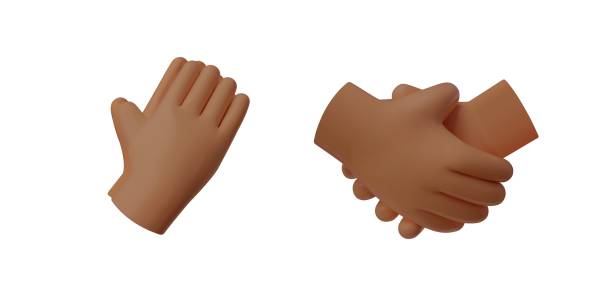 3D hand pray and handshake vector render icon set, partnership and prayer hope gesture afro human arms 3D hand pray and handshake icon set. Partnership, greetings and prayer hope or worship. Vector cartoon render illustration of afro human arm gesture isolated on white background hand shaking emoji stock illustrations