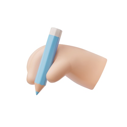 A 3D hand icon grips a blue pencil, depicting the act of writing or drawing, encapsulating creativity and education in vector illustration.