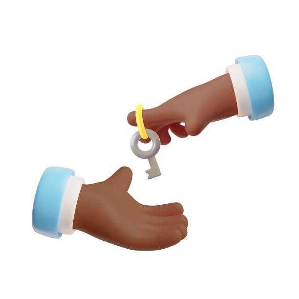 istock 3D cartoon afro hand holding key, emoji icon of human hands with key, blue sleeve, access, real estate, apartment rent 2150831465