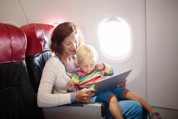 istock Child flying in airplane. Flight with kids. 2150832037