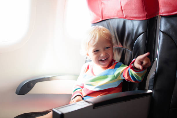 istock Child flying in airplane. Flight with kids. 2150832326