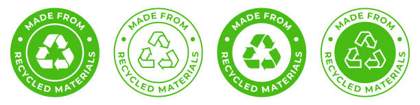 Made from recycled materials label. Zero waste vector icon. Reusable plastic illustration for product packaging logo, sign, symbol, badge or emblem. Made from recycled materials label. Zero waste vector icon. Reusable plastic illustration for product packaging logo, sign, symbol, badge or emblem isolated. recycled material stock illustrations