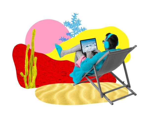 istock Poster. Contemporary art collage. Freelancer sitting in desert and studying online. World-class education from any corner of globe. 2150833556