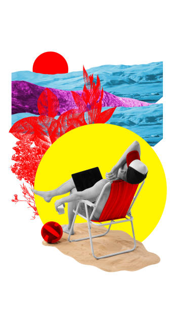 istock Poster. Contemporary art collage. Remote worker sitting on environment and working online in relaxed pose. Elements of nature mixed with work. 2150833562