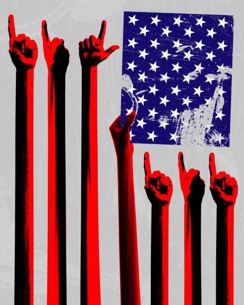 Human hands raised upwards with American flag element symbolizing enduring spirit and American nation. Contemporary art collage.