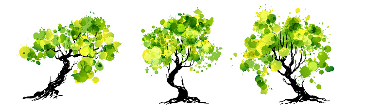 Tree Splashes Artistic Trees With Green Paint Splashes Leaves Hand Drawn Isolated ...
