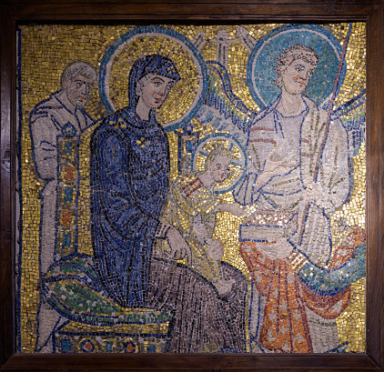 Mosaic fragment of an Adoration of the Magi (Epiphany) of c. 706, formerly in the chapel of Pope John VII in Old St. Peter's Basilica. The Basilica of Saint Mary in Cosmedin. Rome, Italy