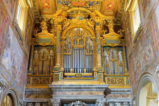 Pipe organ  in the Archbasilica of Saint John Lateran (Basilica di San Giovanni in Laterano). Major Papal. Lateran Basilica or Saint John Lateran. Rome, Italy