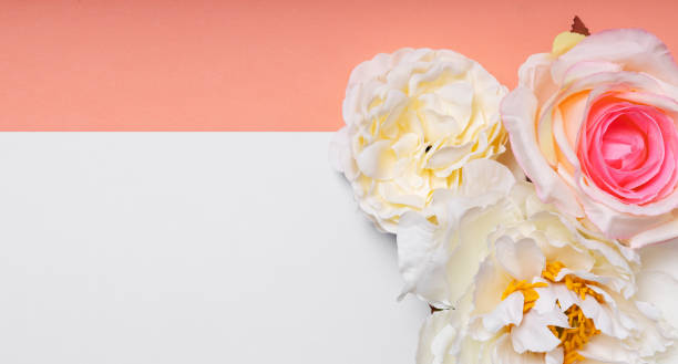 istock Top view of decor rose, peonies on white pink background.Empty space 2150839139