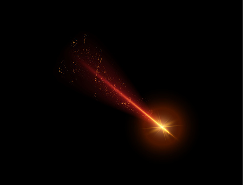 Falling star. Vector illustration of a celestial body with a bright yellow glow and a long red tail, surrounded by shiny particles on a black isolated background.