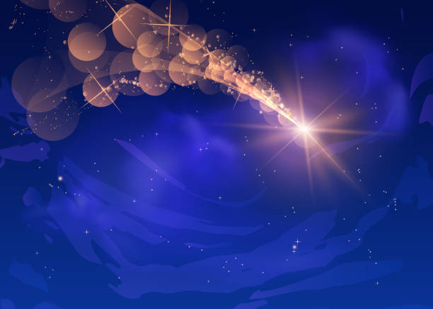 istock Falling star, comet or asteroid with orange sparkling flame trail in the dark sky vector illustration, fireball flash 2150839407