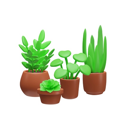 A delightful set of 3D icons featuring a variety of potted plants with lush greenery, beautifully rendered as a vector illustration for home and garden decor themes.