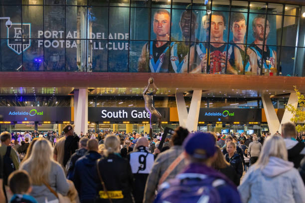 Adelaide April 13, 2024. Fans walk towards the South Gate entrance to the Adelaide Oval, South Australia