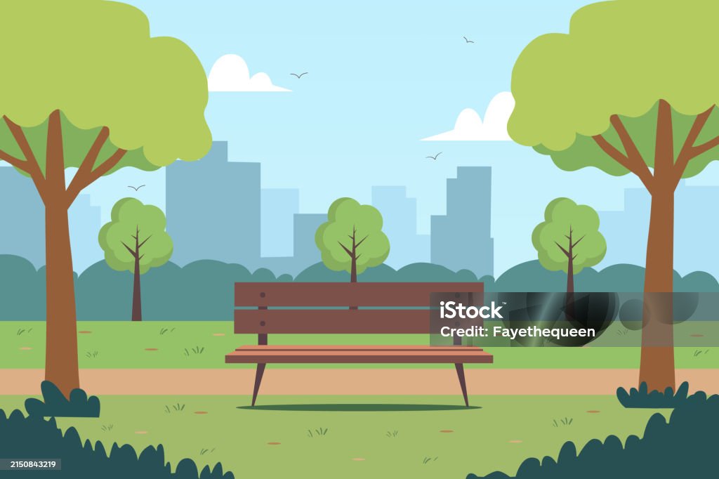 Landschaft eines Parks mit Bäumen und Bänken. - Lizenzfrei Parkanlage Vektorgrafik Landschaft eines Parks mit Bäumen und Bänken. - Lizenzfrei Parkanlage Vektorgrafik