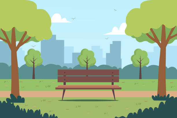 illustrations, cliparts, dessins animés et icônes de paysage d’un parc arboré et banc. - jardin