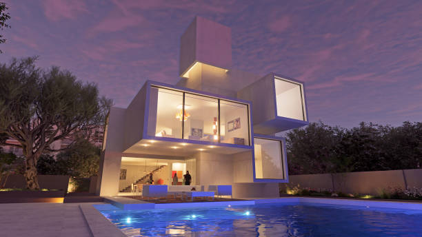 istock Luxurious modern mansion with pool at twilight 2150847947