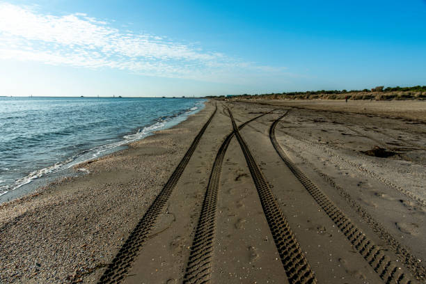 car tracks on the shoreline of the abandoned beaches of the Lido of Venice in autumn