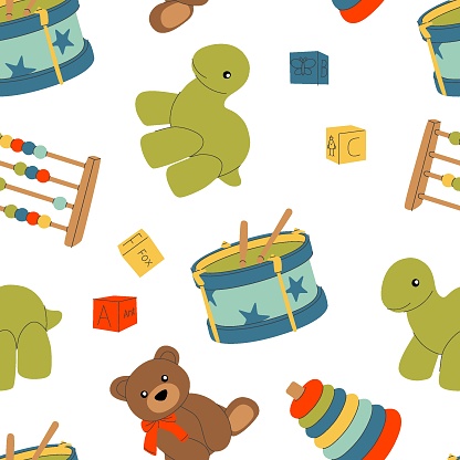 Cartoon toys seamless pattern for kids isolate on white background.