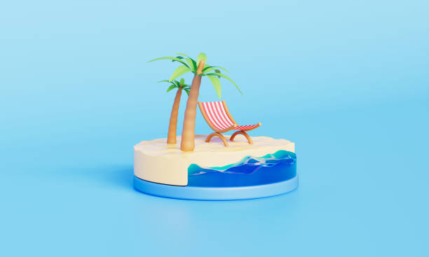 istock Tropical Island with Beach Chair and Palm Tree Isometric. 3D Rendering 2150853441