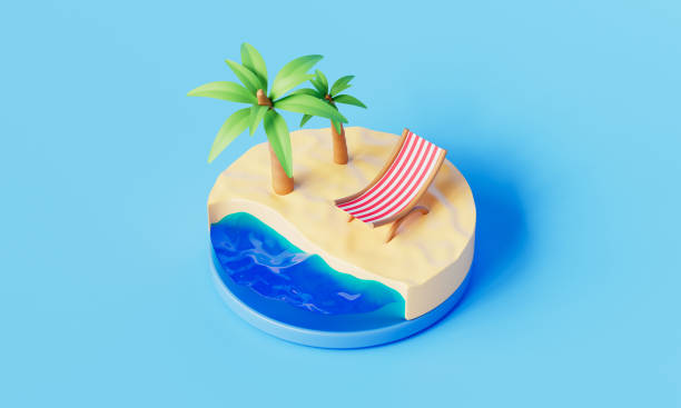 istock Tropical Island with Beach Chair and Palm Tree Isometric. 3D Rendering 2150853442