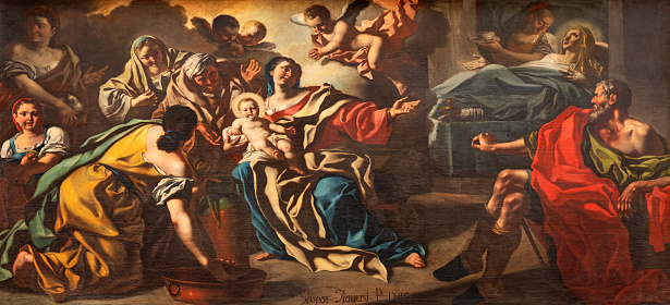 Naples - The painting of Nativity of Virgin Mary in the church Chiesa di Santa Maria dell Aiuto by Gaspare Traversi (1749).