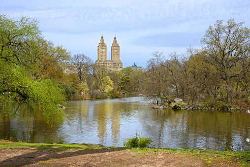 Spring landscape. Beautiful lake in Central Park, New York City