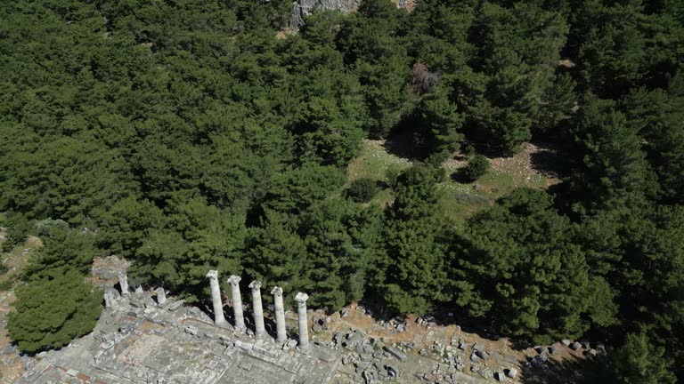 Ruins of Athena Temple in Destroyed Ancient City of Priene in Spring Day, Aydin - Turkey