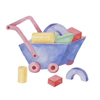 Toy wheelbarrow with multicolored building blocks. Retro play objects in wooden cart, construction playthings clipart. Kids watercolor illustration for postcard, invitation, baby shower, nursery